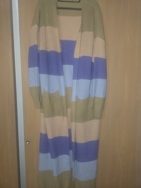 Long Open-Front Striped Knit Cardigan -  Olive & Beige